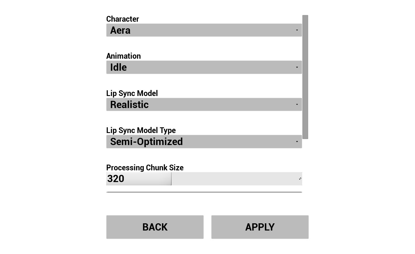 Pantalla de configuración de animaciones