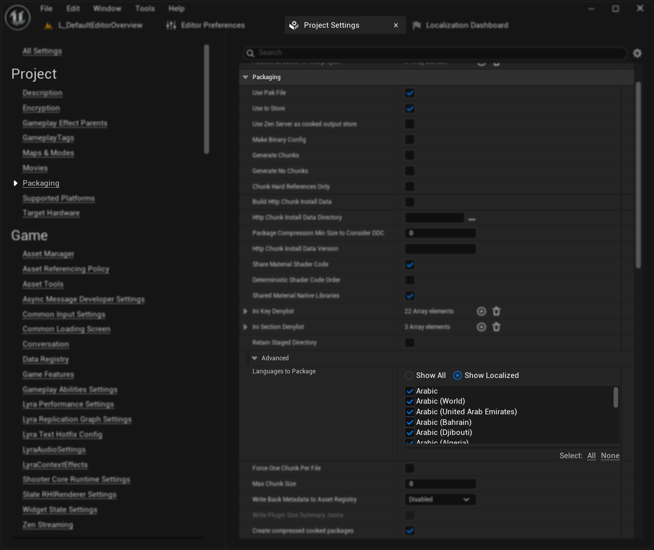 Project Settings - Languages to Package
