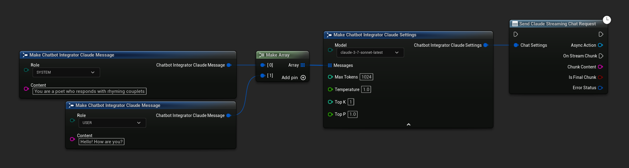 Отправка потокового запроса чата Claude
