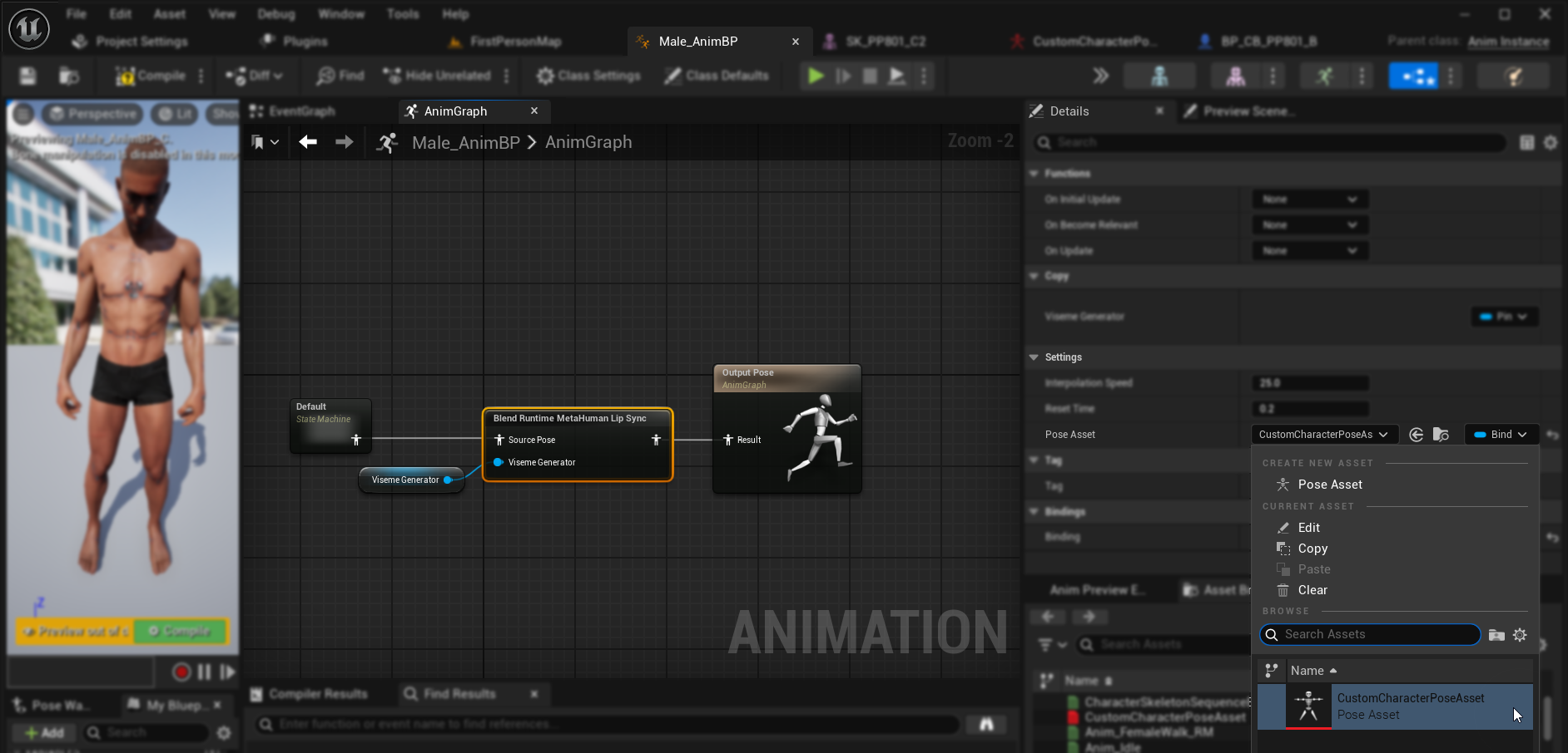 Selecting the custom pose asset